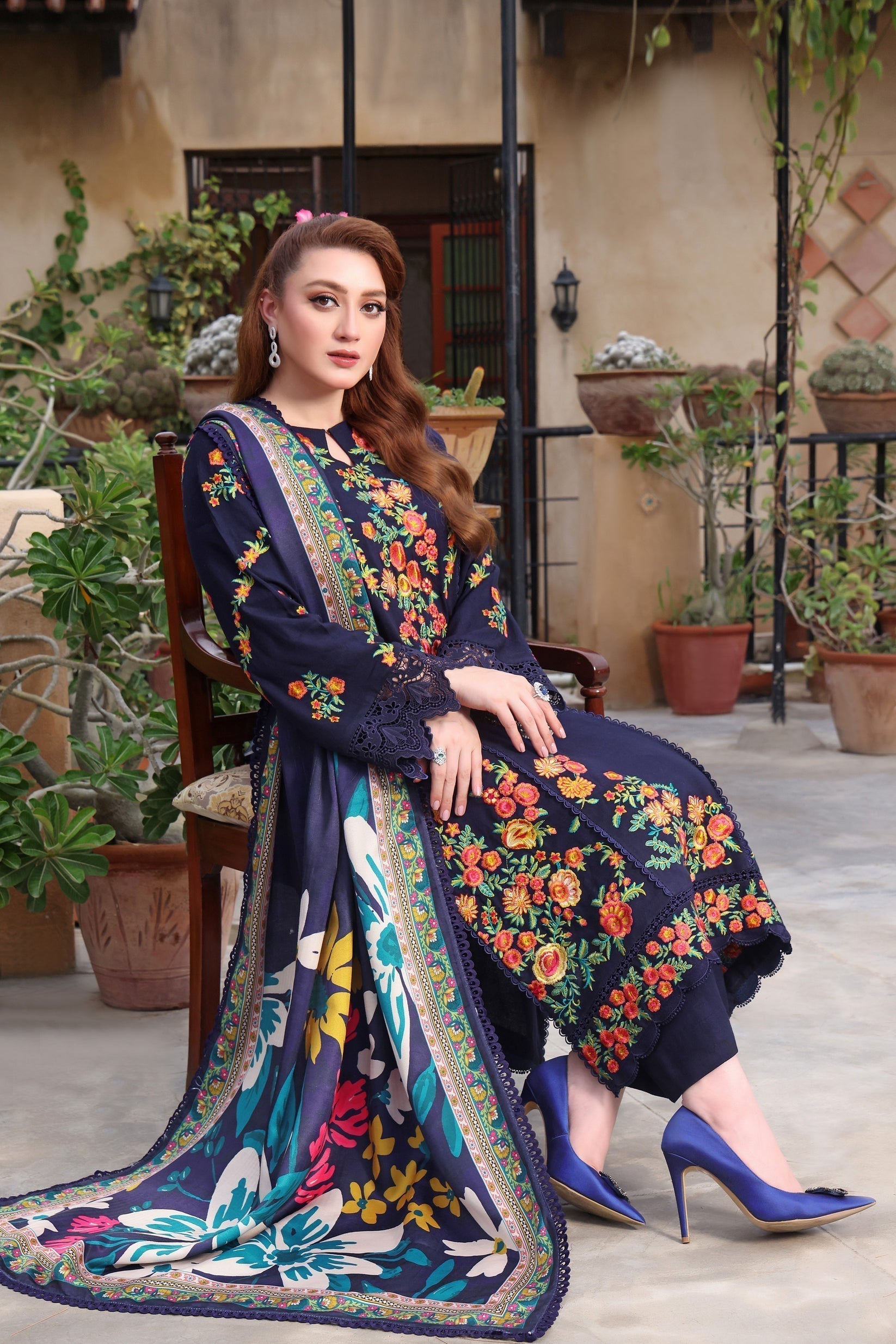 ASIM JOFA-3PC DHANAK EMBROIDERED SHIRT WITH COURTRAI PRINTED SHAWL & TROUSER - 676