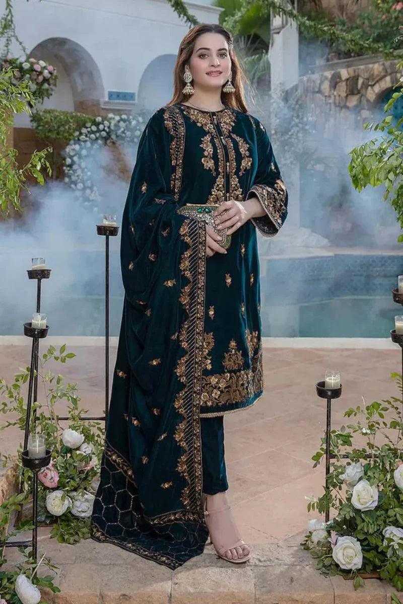 AZURE VELVET 3PC EMBROIDERED WITH VELVET EMBROIDERED DUPATTA-V265