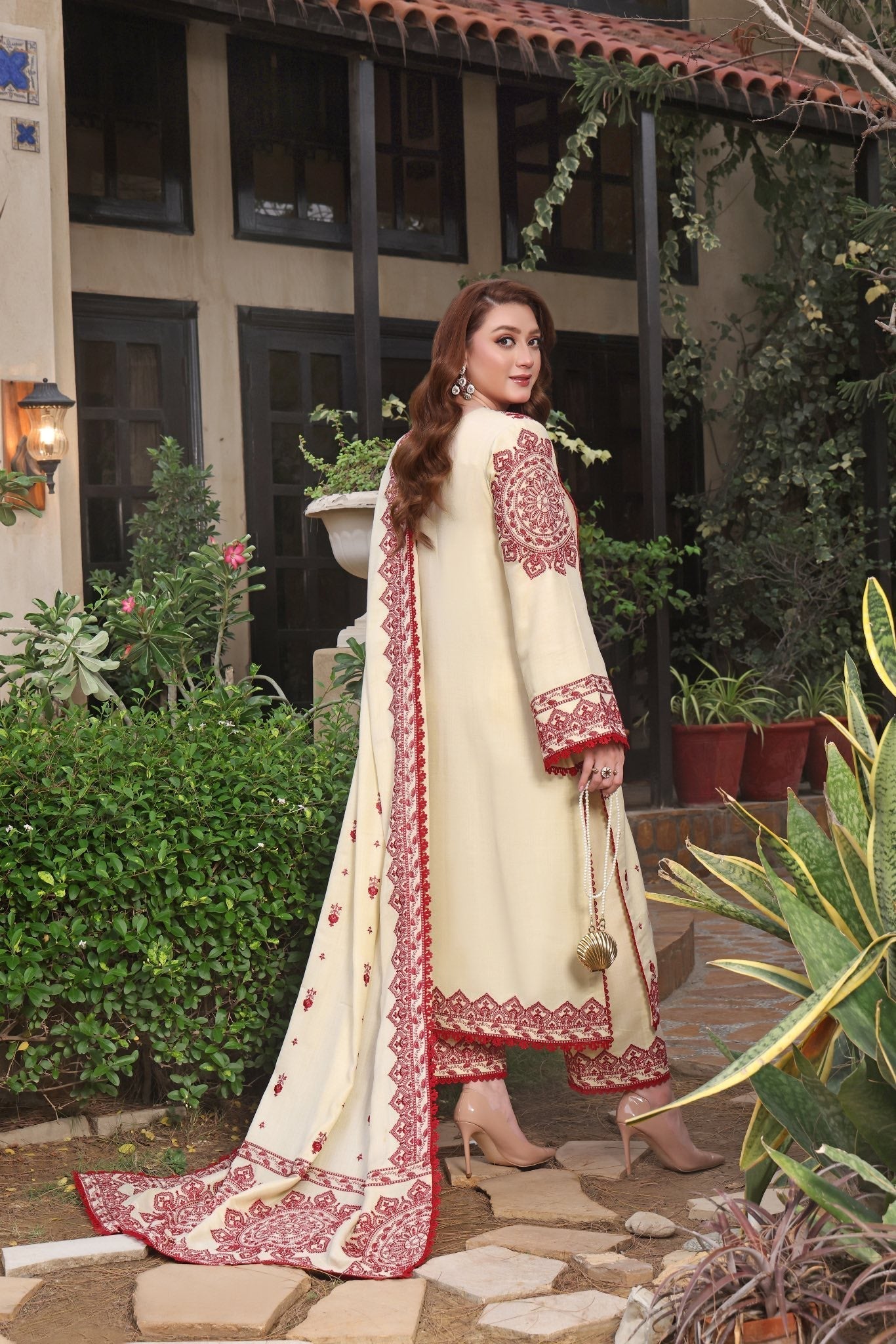 ANEELAS-3PC DHANAK EMBROIDERED SHIRT WITH DHANAK EMBROIDERED SHAWL & TROUSER V672