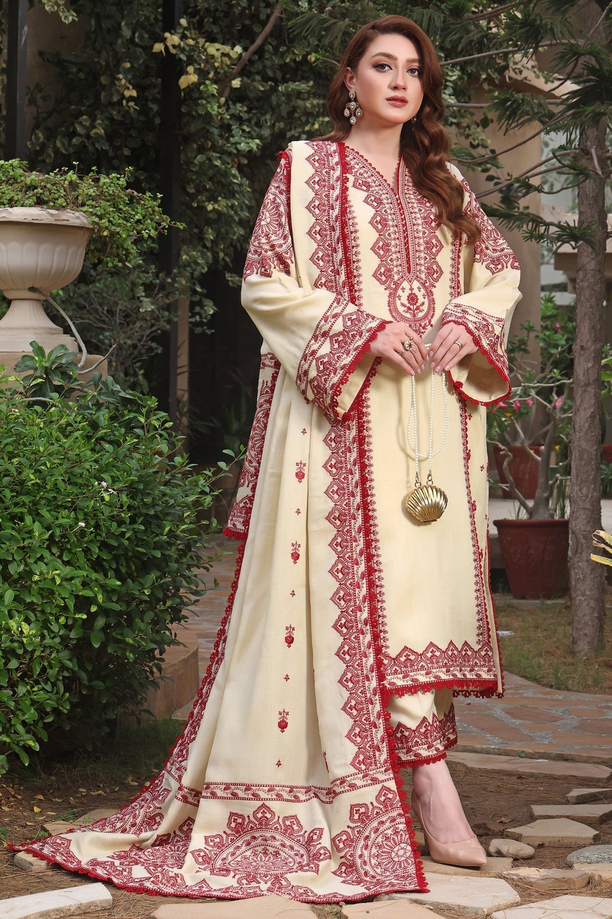 ANEELAS-3PC DHANAK EMBROIDERED SHIRT WITH DHANAK EMBROIDERED SHAWL & TROUSER V672