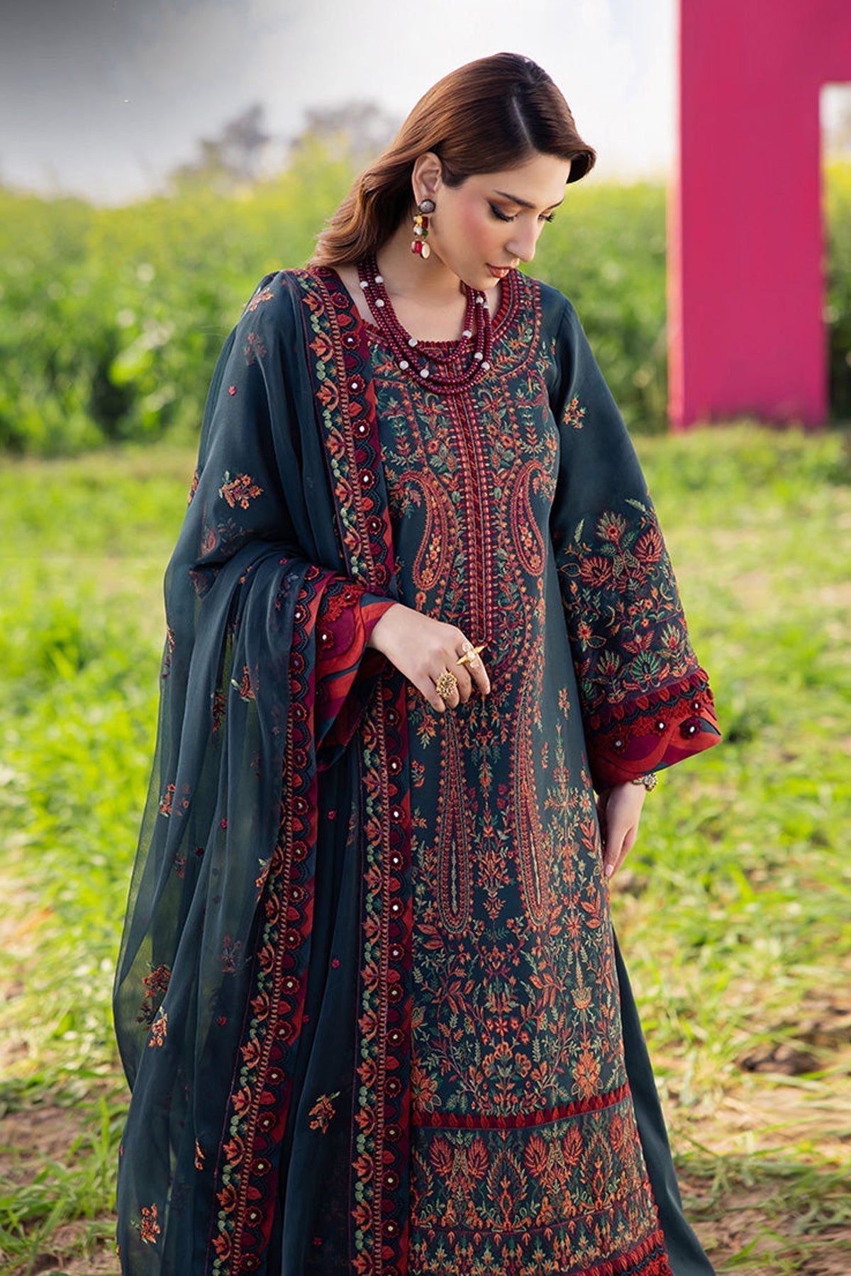 ASIM JOFA-3PC DHANAK EMBROIDERED SHIRT WITH DHANAK EMBROIDERED SHAWL AND TROUSER V677
