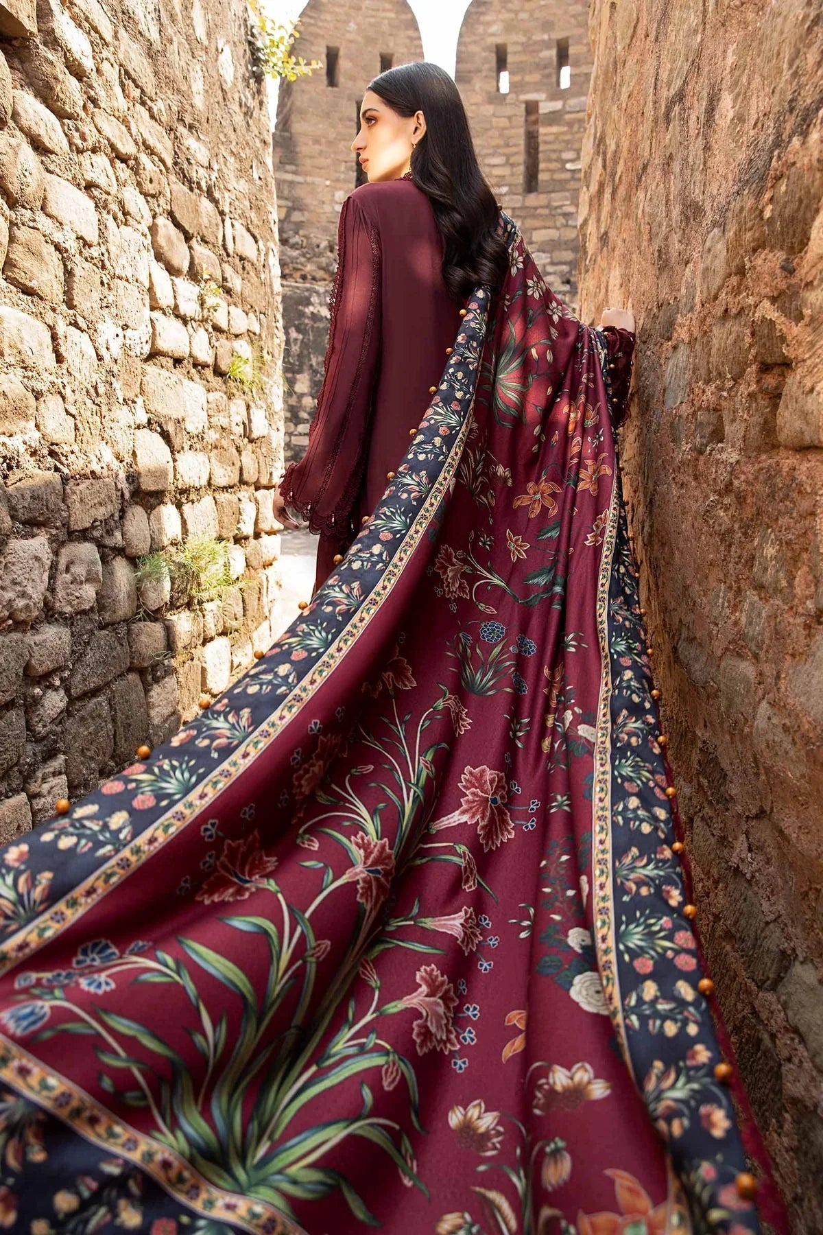 MARIA B - 3PC DHANAK EMBROIDERED SHIRT WITH TWILL PRINTED SHAWL  - 213