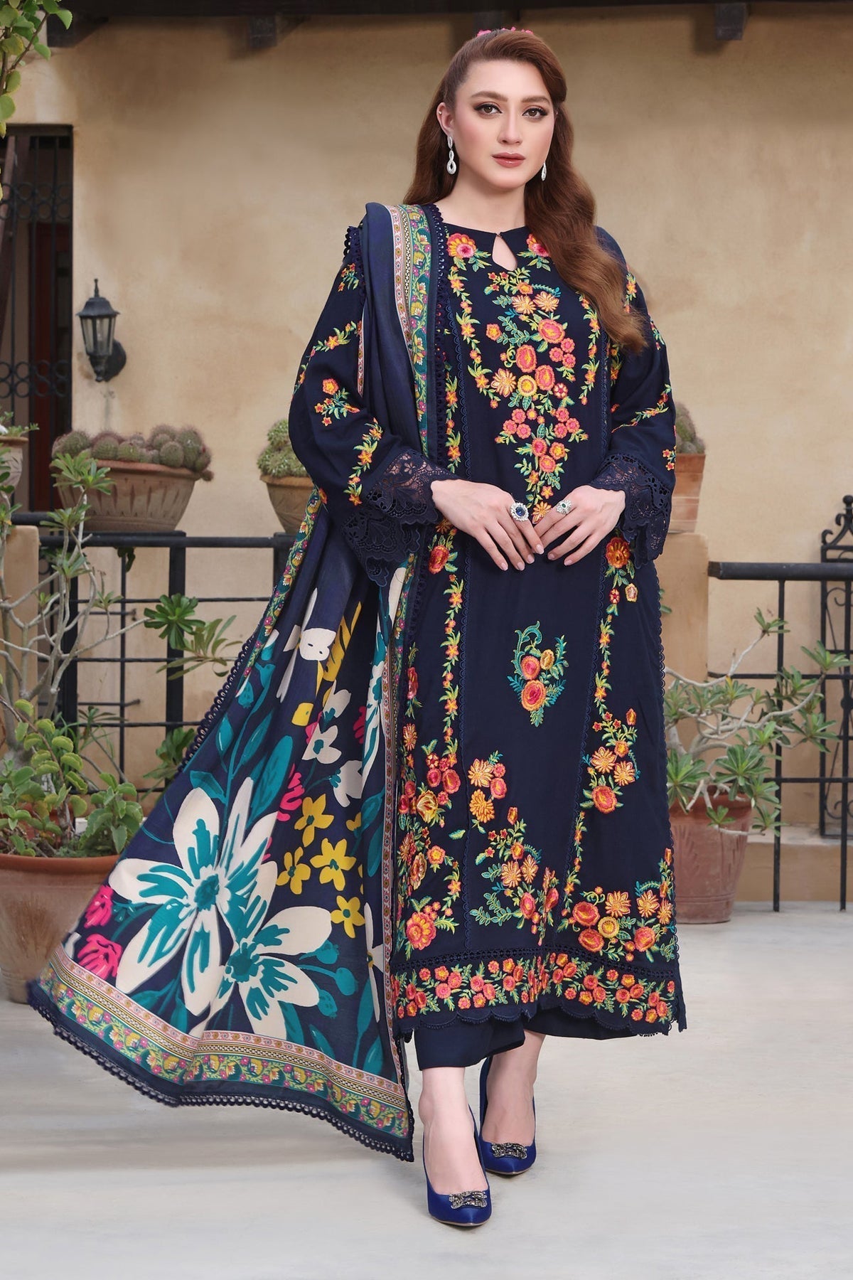 ASIM JOFA-3PC DHANAK EMBROIDERED SHIRT WITH COURTRAI PRINTED SHAWL & TROUSER - 676