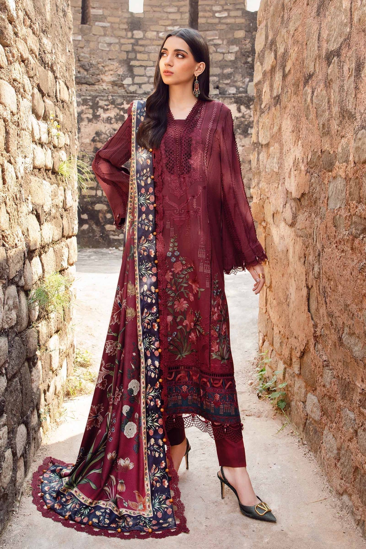 MARIA B - 3PC DHANAK EMBROIDERED SHIRT WITH TWILL PRINTED SHAWL  - 213