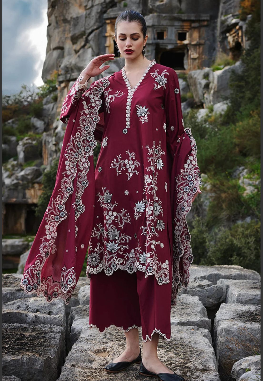3PC LAWN EMBROIDERED SHIRT WITH MONARK EMBROIDERED DUAPATTA AND TROUSER-ADR-3715