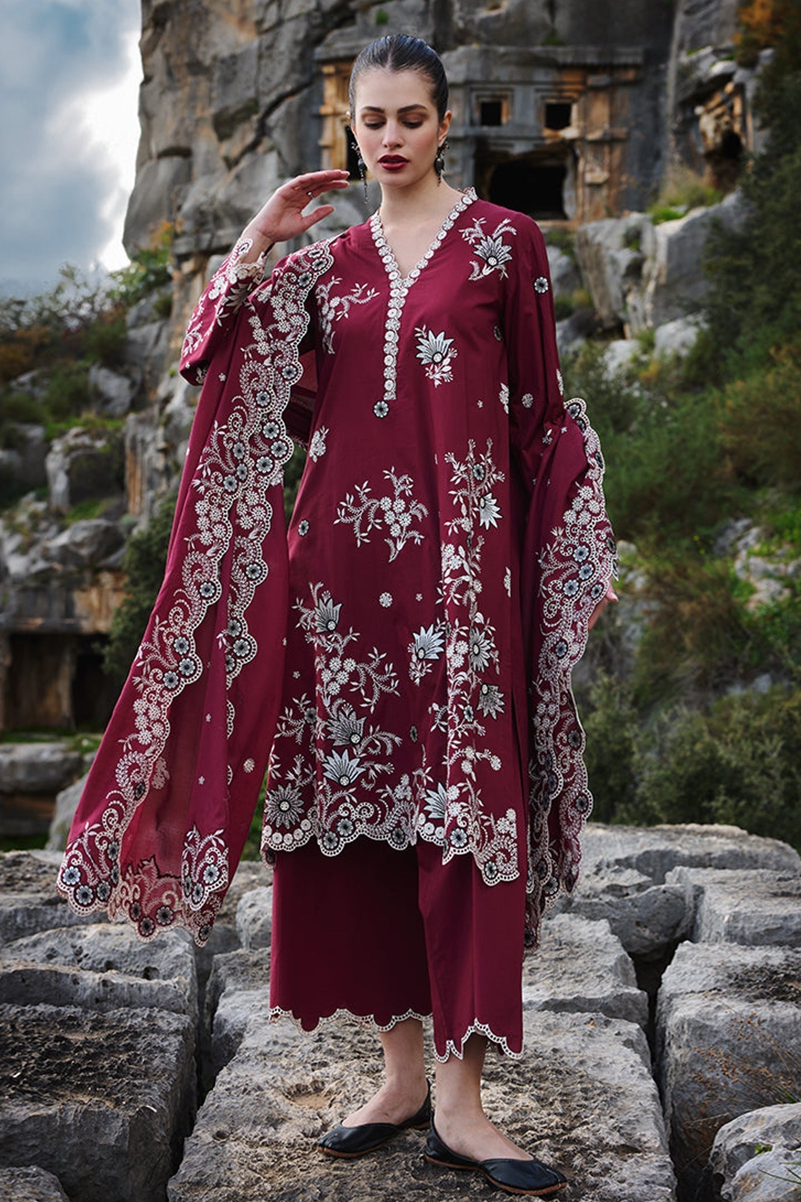 3PC LAWN EMBROIDERED SHIRT WITH MONARK EMBROIDERED DUAPATTA AND TROUSER-ADR-3715
