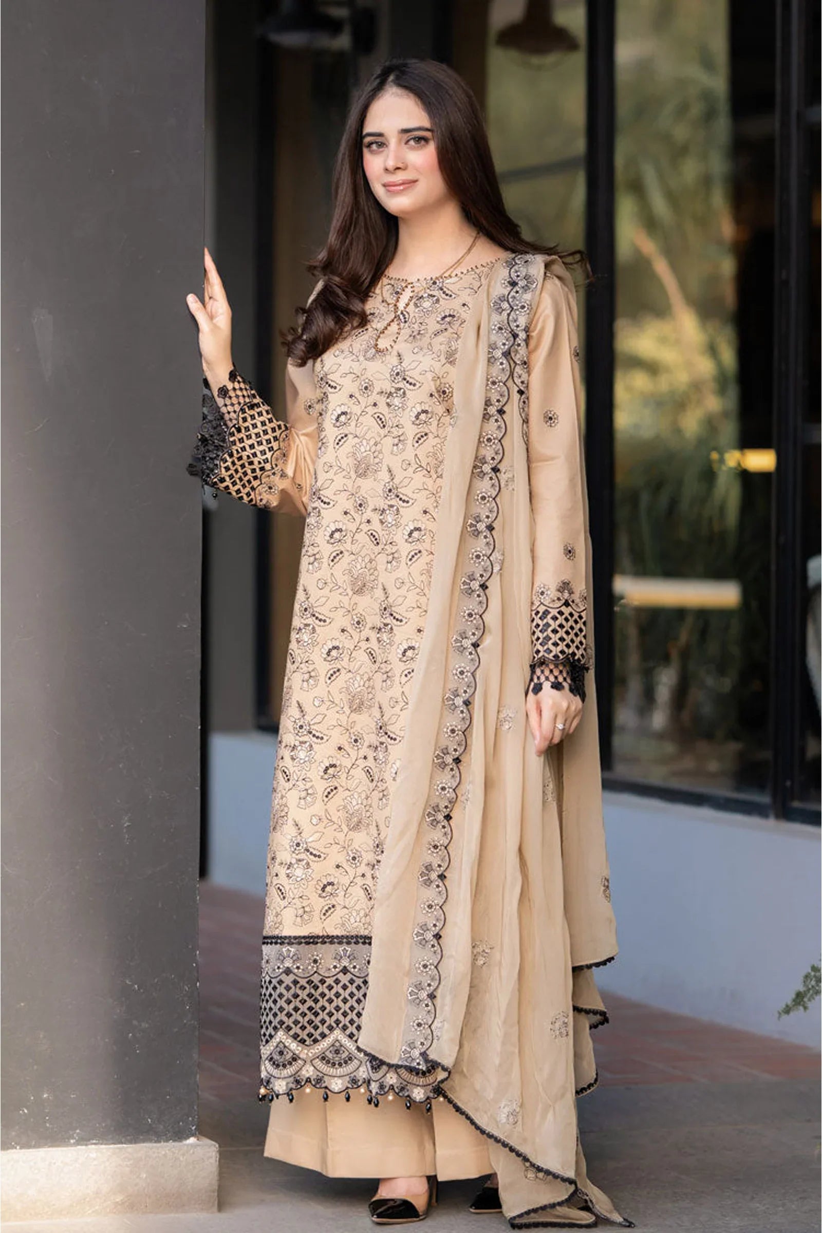 3PC DHANAK EMBROIDERED UNSTITCHED DRESS - 223