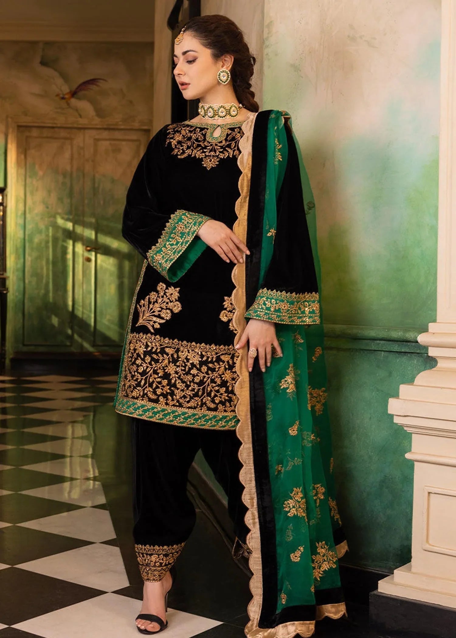3 Piece Embroidered Velevt Shirt and Trouser with Embroidered Organza Dupatta JZ 953