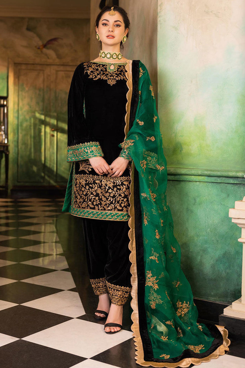3 Piece Embroidered Velevt Shirt and Trouser with Embroidered Organza Dupatta JZ 953
