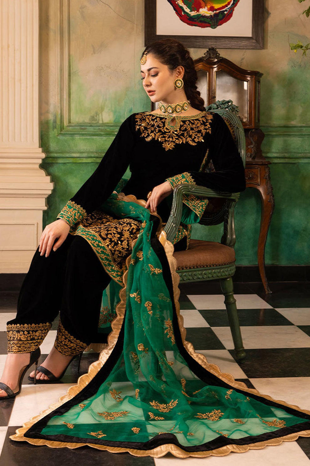 3 Piece Embroidered Velevt Shirt and Trouser with Embroidered Organza Dupatta JZ 953