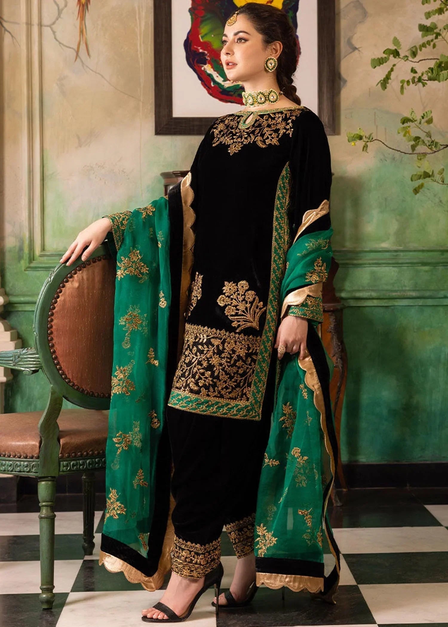 3 Piece Embroidered Velevt Shirt and Trouser with Embroidered Organza Dupatta JZ 953